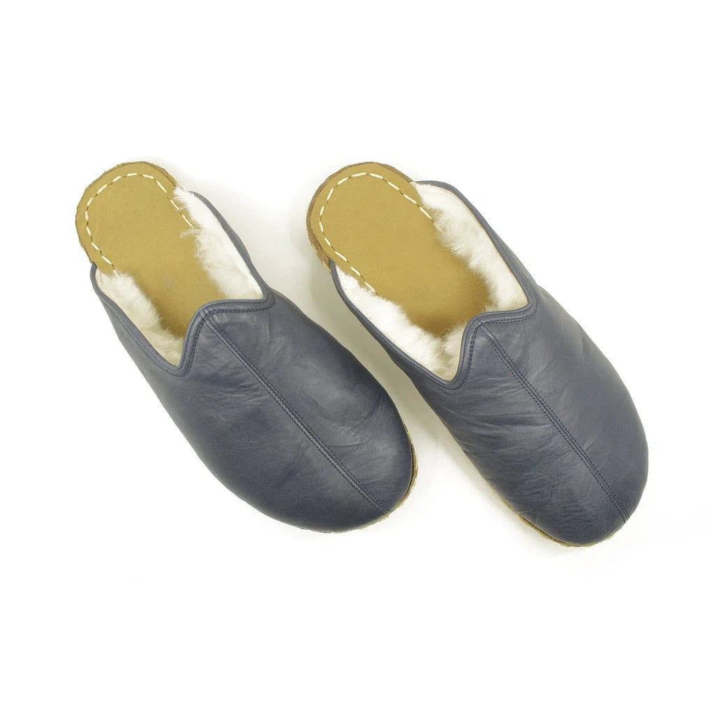 Winter Navy Blue Sheepskin Close Toed Leather Slippers