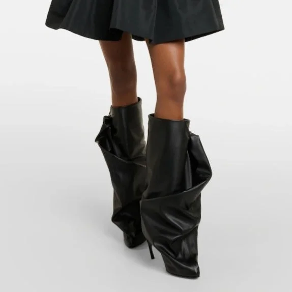 Black Bow Stitching Sleeve Pleated Special-shaped High Heel Women's Boots