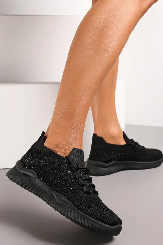 BLACK DIAMANTE DETAIL LACE UP TRAINERS SHOES