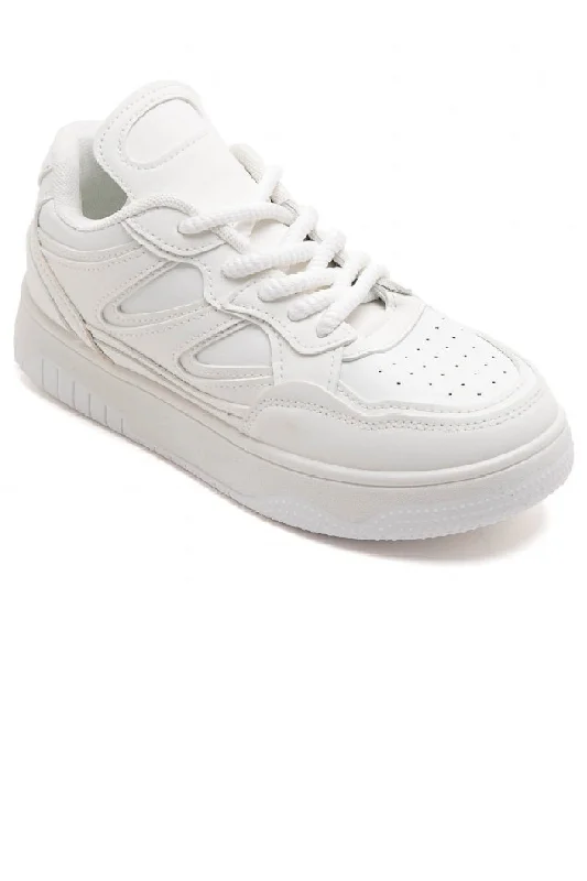 WHITE LACE UP FLAT CHUNKY FASHION SNEAKERS TRAINERS