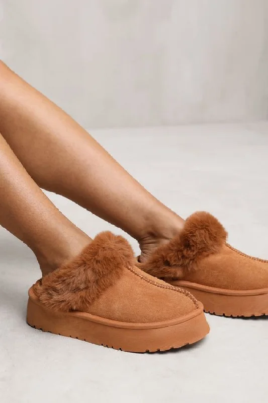 CAMEL PLATFORM MULE SLIPPER FAUX FUR FLUFFY SHOES