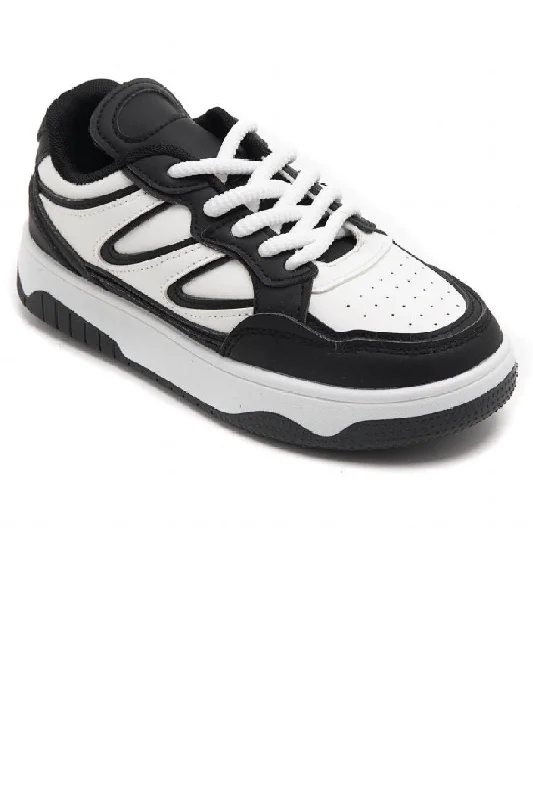 BLACK WHITE LACE UP FLAT CHUNKY FASHION SNEAKERS TRAINERS