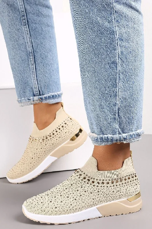 BEIGE DIAMANTE DETAIL SLIP ON TRAINERS SHOES