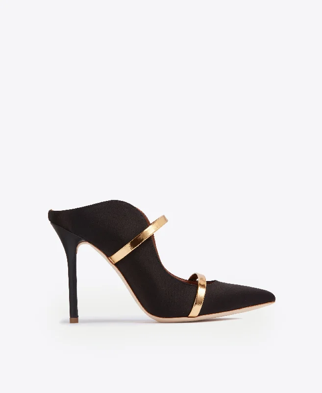 Maureen 100 Black & Gold Satin Mules